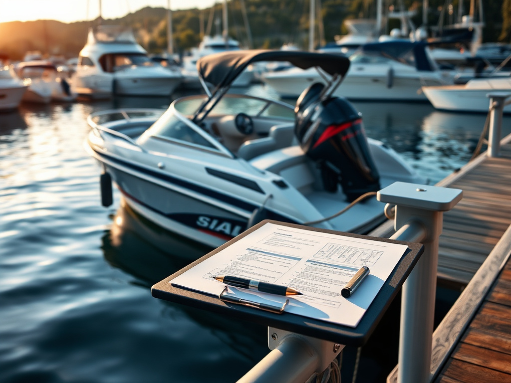 Marina dock with a wake boat moored, insurance paperwork on a dock railing