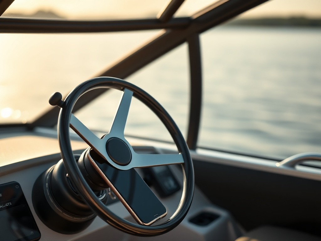 Wake boat helm and steering wheel with a smartphone nearby